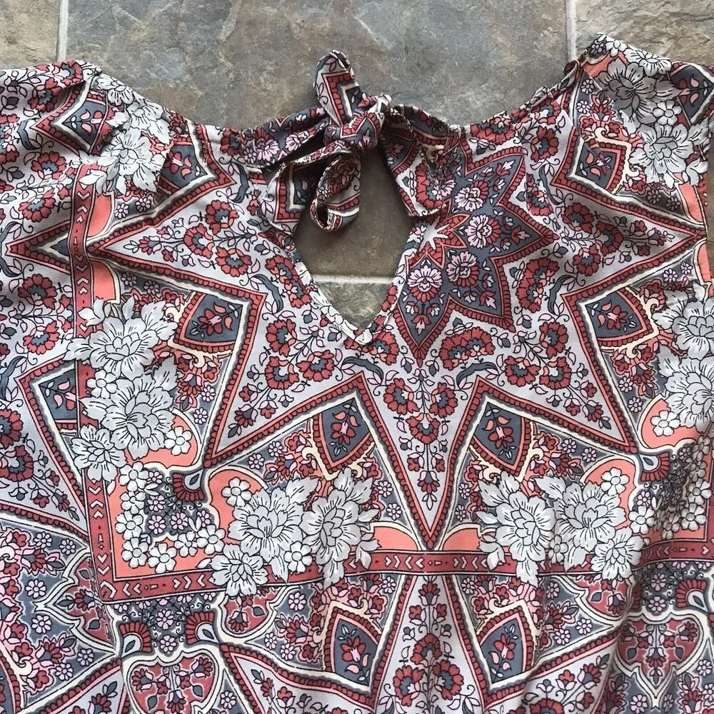 Lauren Conrad Sz XL Dress Cold Shoulder Mandala Floral Boho Ruffle Romantic READ - Picture 7 of 8